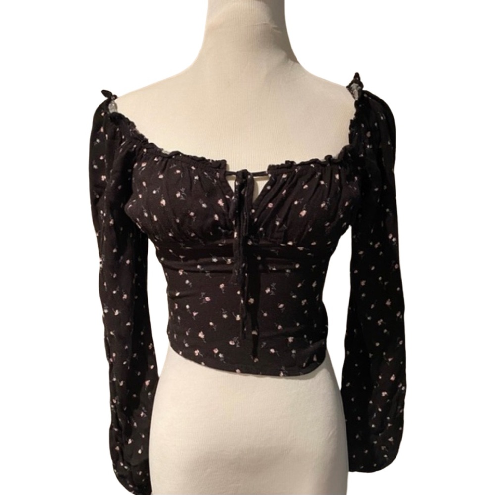 wild fable | Black Floral Keyhole Tie Front Off Shoulder Top | Size XS